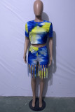 Blue Fashion Print Tie Dye Tassel O Neck Short Sleeve Two Pieces