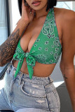 Red Fashion Sexy Print Bandage Backless Halter Tops