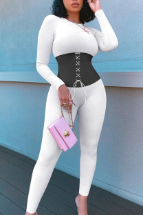 White Street Patchwork Bandage Patchwork O Neck Skinny Jumpsuits