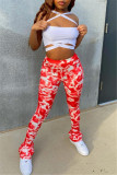 Red Fashion Sexy Print Hollowed Out Backless Strapless Sleeveless Two Pieces