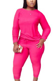 rose red Twilled Satin Solid O Neck Long Sleeve Regular Sleeve Regular Two Pieces