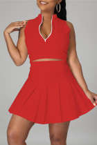 Red Fashion Casual Solid Vests Zipper Collar Sleeveless Two Pieces