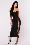 Black Sexy Sleeveless Slip Slim Dress Ankle-Length bandage asymmetrical Solid Club Dresses