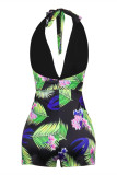 Blue Fashion Sexy Print Backless Halter Regular Romper