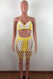 Khaki Sexy Fashion adult Geometric Two Piece Suits HOLLOWED OUT Patchwork Hole Regular Sleeveles