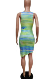Rose Red Sexy Print Patchwork Asymmetrical V Neck Pencil Skirt Dresses