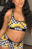 Yellow Fashion adult OL Patchwork Print Two Piece Suits Straight Sleeveless Two Pieces