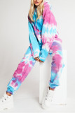 Blue Sportswear Spandex Blends Print Draw String Tie-dye Hooded Collar Long Sleeve Regular Sleeve Regular Two Pieces