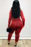Red Casual Print Two Piece Suits pencil Long Sleeve