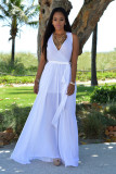 White Chiffon Sexy Fashion Tank Sleeveless V Neck Step Skirt Floor-Length Solid 