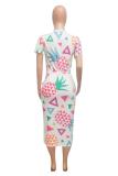 multicolor Fashion adult Street multicolor Cap Sleeve Short Sleeves O neck Step Skirt Knee-Length Print Patchwork bandage Dresses