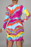 Colour Sexy Print Patchwork V Neck Pencil Skirt Dresses