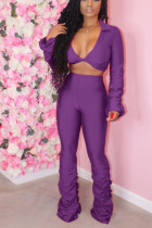 purple OL Solid Draped crop top Boot Cut Long Sleeve Two Pieces