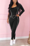 Blue Casual Solid zipper Blend Long Sleeve O Neck Jumpsuits