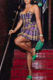 Colour Fashion Sexy Plaid Print Patchwork Backless Strapless Sleeveless Dress