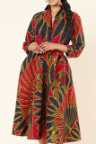 Red Casual Print Patchwork Turndown Collar Printed Dress Dresses