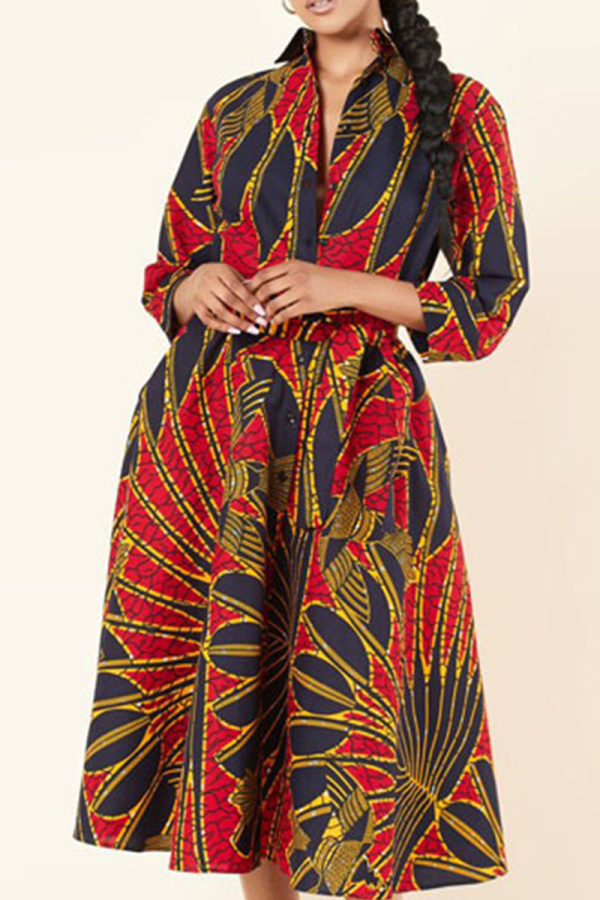 Red Casual Print Patchwork Turndown Collar Printed Dress Dresses