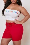 Red Fashion Sexy adult Ma'am Wrapped chest Patchwork Print Two Piece Suits Stitching Plus Size