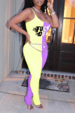 Yellow Red Fashion Sexy Letter Print Patchwork Backless Fold O Neck Skinny Jumpsuits