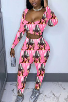 Pink Fashion Casual Adult Print Patchwork Square Collar Long Sleeve Regular Sleeve Short Two Pieces