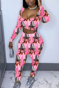 Pink Fashion Casual Adult Print Patchwork Square Collar Long Sleeve Regular Sleeve Short Two Pieces