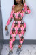 Pink Fashion Casual Adult Print Patchwork Square Collar Long Sleeve Regular Sleeve Short Two Pieces