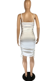 White Sexy Solid Draw String Spaghetti Strap Pencil Skirt Dresses