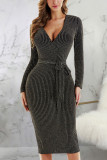 Yellow Sexy Solid Patchwork V Neck Pencil Skirt Dresses