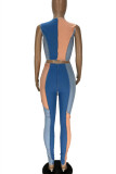 Blue Fashion Casual Patchwork Basic O Neck Sleeveless Two Pieces