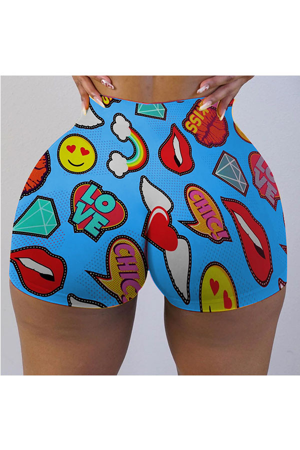 Blue Milk Silk Elastic Fly Mid Print Skinny shorts Bottoms