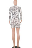 White Sexy Cap Sleeve Long Sleeves O neck A-Line skirt Print Mesh Patchwork