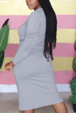 Light Blue Fashion Casual Adult Solid Patchwork Draw String O Neck Long Sleeve Knee Length T-shirt Dress Dresses