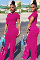 rose red Casual Fashion Slim fit crop top Solid Two Piece Suits Straight