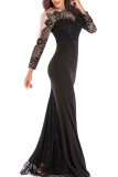 Blue Fashion Long Sleeves O neck Slim Dress Floor-Length Patchwork 