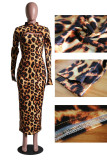 Green Street Print Leopard O Neck Long Sleeve Two Pieces