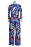 Blue Light Print Knitting Long Sleeve V Neck Jumpsuits