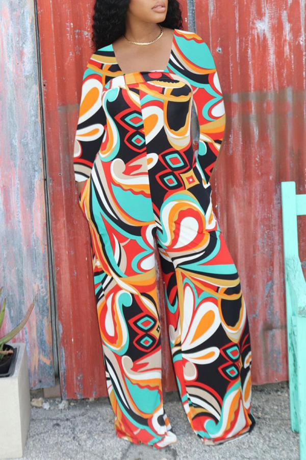 Orange Sexy Print Patchwork Square Collar Straight Jumpsuits