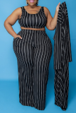 Black Sexy Striped Make Old U Neck Plus Size Three Pieces