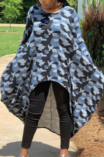 Blue Fashion Daily Adult Milk Fiber Camouflage Print O Neck Long Sleeve Ankle Length Asymmetrical Dresses