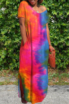 Pink Casual Patchwork Tie-dye Slit V Neck Straight Dresses