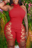 Red Sexy Solid Hollowed Out Backless Halter Skinny Romper