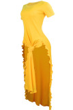 Yellow Fashion Casual Solid Slit O Neck Tops