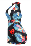Blue Fashion Sexy Print Backless Halter Regular Romper