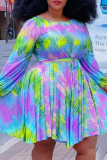 Red Casual Print Patchwork O Neck Cake Skirt Plus Size Dresses