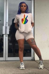 Khaki Casual Fashion Two Piece Suits Rainbow Solid Regular Short Sleeve Two-Piece Short Set