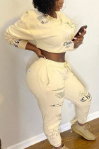Light yellow Sexy Print Solid O Neck Long Sleeve Regular Sleeve Short Two Pieces