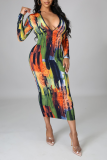 Multicolor Sexy Print Patchwork Zipper Collar Pencil Skirt Dresses