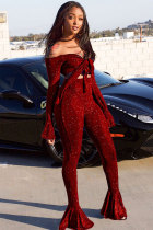 Red Elastic Fly Long Sleeve Mid Solid Boot Cut Pants Two-piece suit