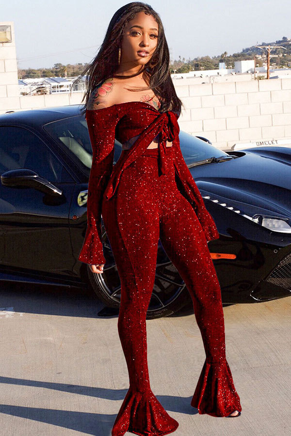 Red Elastic Fly Long Sleeve Mid Solid Boot Cut Pants Two-piece suit