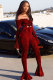 Red Elastic Fly Long Sleeve Mid Solid Boot Cut Pants Two-piece suit